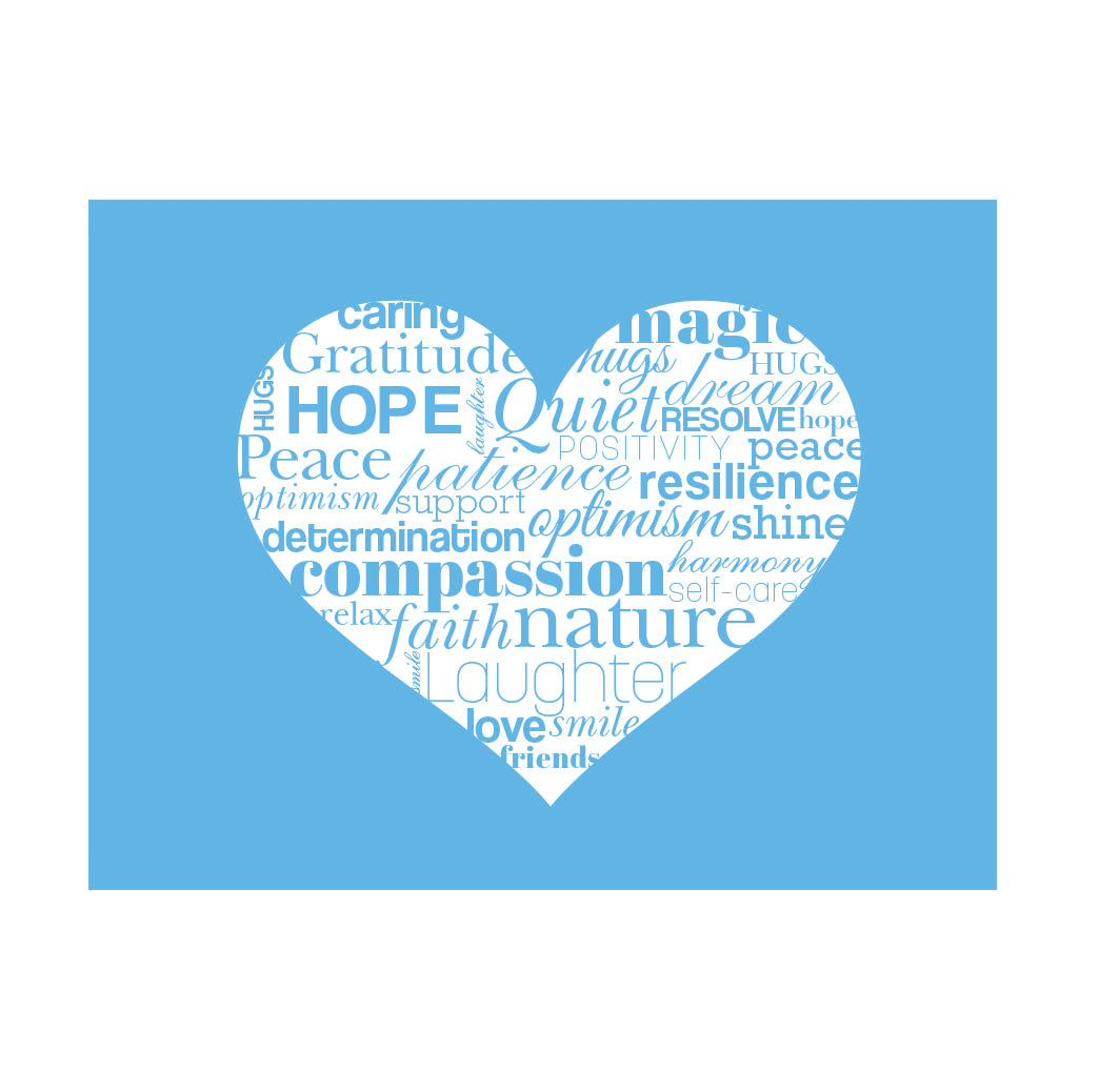 blue background with white heart filled with supportive words