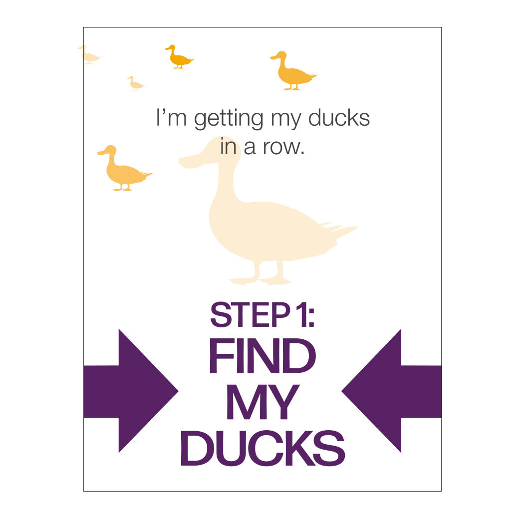 white background with yellow ducks and indigo type and arrows